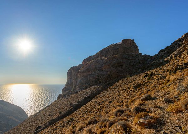 Wide angle shot of Sykia Cave sinkhole and entrance in Melos Island, Greece